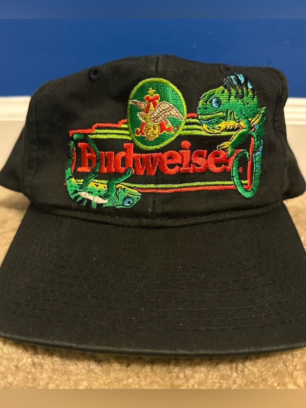 Vintage Budweiser Hat w/ Chameleon 1995 Anheuser-Busch Black Snapback Cap